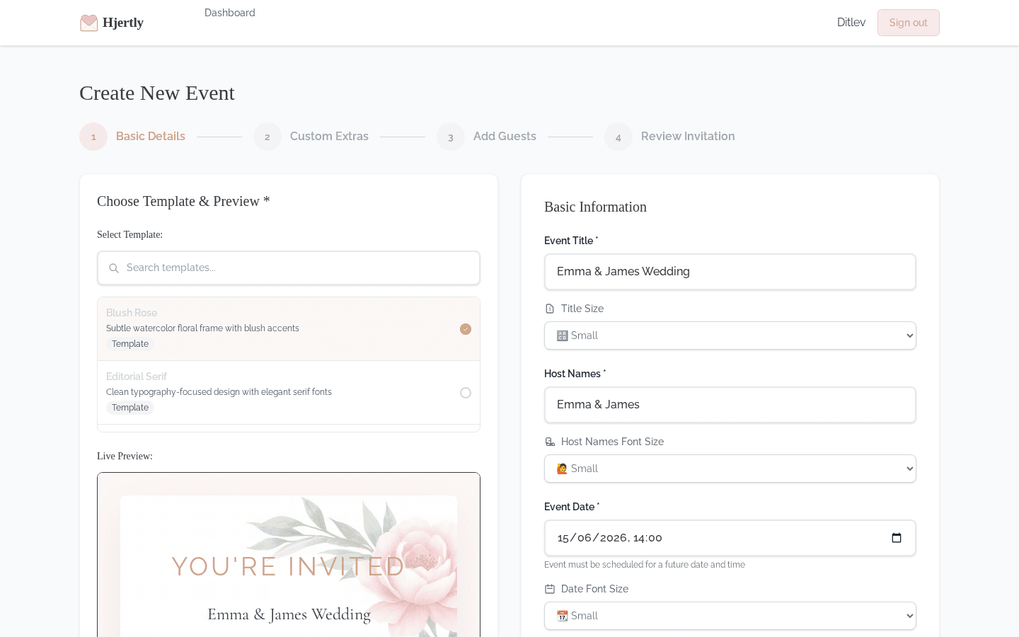 Wedding invitation editor showing template customization