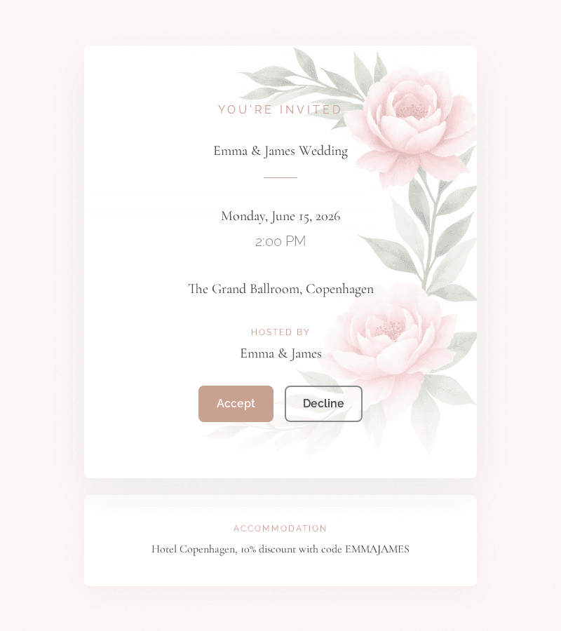 Wedding invitation with RSVP Accept and Decline buttons