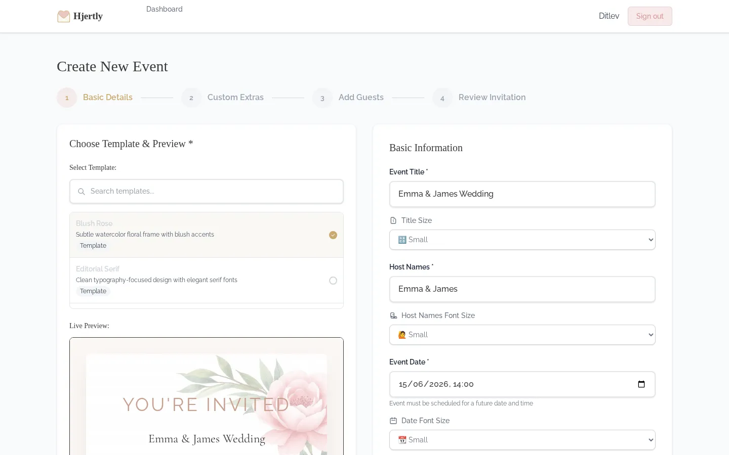Wedding invitation editor showing template customization